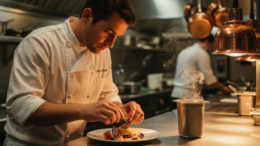 An epic moment captured through Malvern Victoria editorial photography, showcasing a renowned local chef passionately preparing a signature dish in their bustling Armadale Street restaurant kitchen, with dramatic steam and warm overhead lighting highlighting their focused expression and the vibrant colours of fresh produce. The composition is dynamic, suggesting movement and culinary artistry.