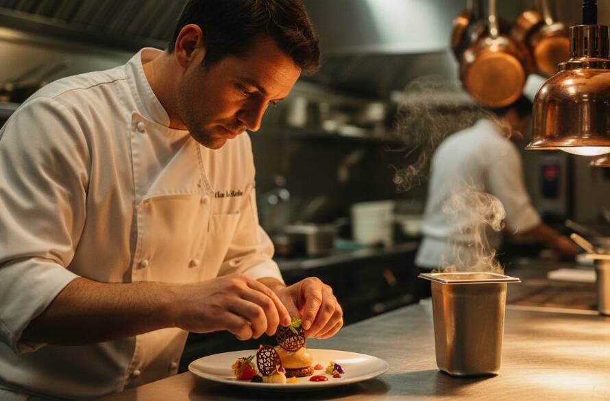 An epic moment captured through Malvern Victoria editorial photography, showcasing a renowned local chef passionately preparing a signature dish in their bustling Armadale Street restaurant kitchen, with dramatic steam and warm overhead lighting highlighting their focused expression and the vibrant colours of fresh produce. The composition is dynamic, suggesting movement and culinary artistry.