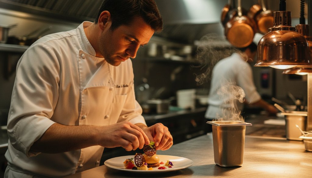 An epic moment captured through Malvern Victoria editorial photography, showcasing a renowned local chef passionately preparing a signature dish in their bustling Armadale Street restaurant kitchen, with dramatic steam and warm overhead lighting highlighting their focused expression and the vibrant colours of fresh produce. The composition is dynamic, suggesting movement and culinary artistry.