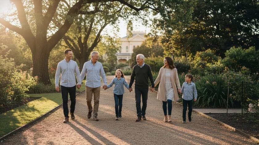 A heartwarming Malvern Victoria family photography candid moments scene, featuring a family laughing joyfully under dappled light in a lush Malvern park, creating an epic, sun-kissed memory.