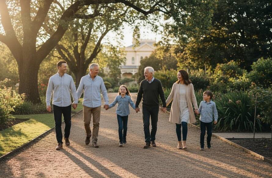 A heartwarming Malvern Victoria family photography candid moments scene, featuring a family laughing joyfully under dappled light in a lush Malvern park, creating an epic, sun-kissed memory.
