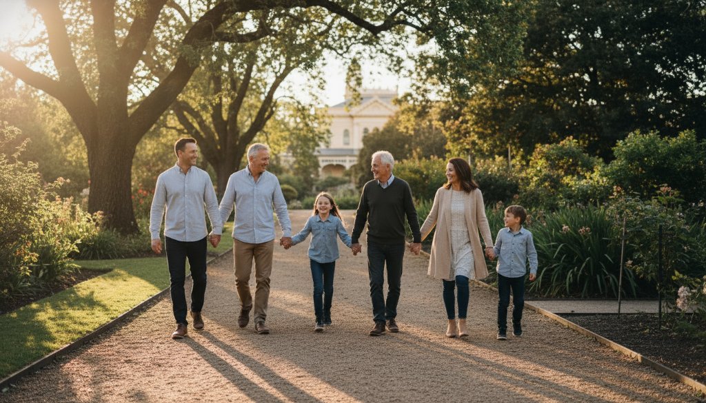 A heartwarming Malvern Victoria family photography candid moments scene, featuring a family laughing joyfully under dappled light in a lush Malvern park, creating an epic, sun-kissed memory.