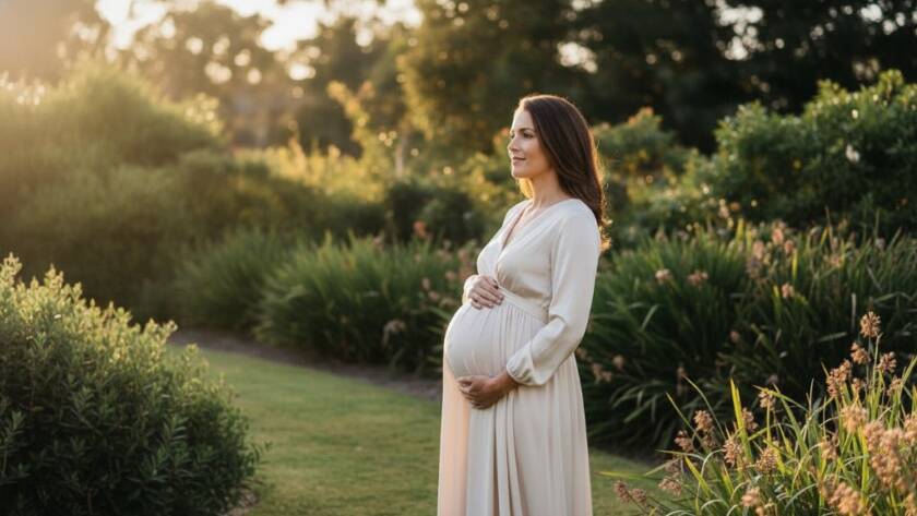 An expectant mother, glowing in the soft, golden hour sun during her Malvern Victoria maternity photoshoot natural light session, stands elegantly amidst the lush greenery of a Malvern park, her silhouette framed by dramatic backlighting, capturing a serene and powerful 'epic moment' of impending motherhood, professional photography.