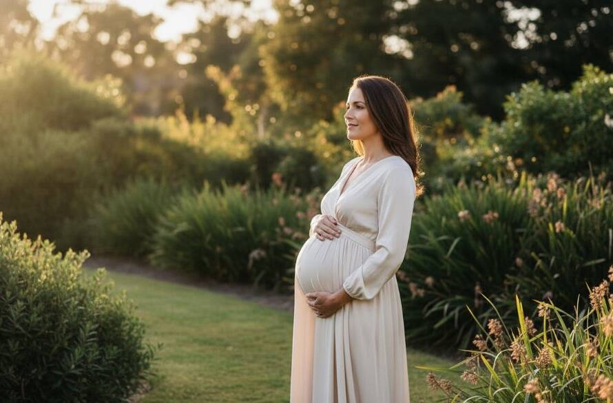 An expectant mother, glowing in the soft, golden hour sun during her Malvern Victoria maternity photoshoot natural light session, stands elegantly amidst the lush greenery of a Malvern park, her silhouette framed by dramatic backlighting, capturing a serene and powerful 'epic moment' of impending motherhood, professional photography.
