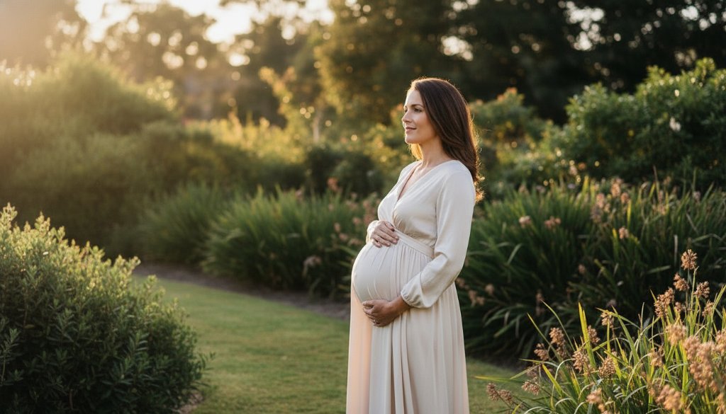 An expectant mother, glowing in the soft, golden hour sun during her Malvern Victoria maternity photoshoot natural light session, stands elegantly amidst the lush greenery of a Malvern park, her silhouette framed by dramatic backlighting, capturing a serene and powerful 'epic moment' of impending motherhood, professional photography.