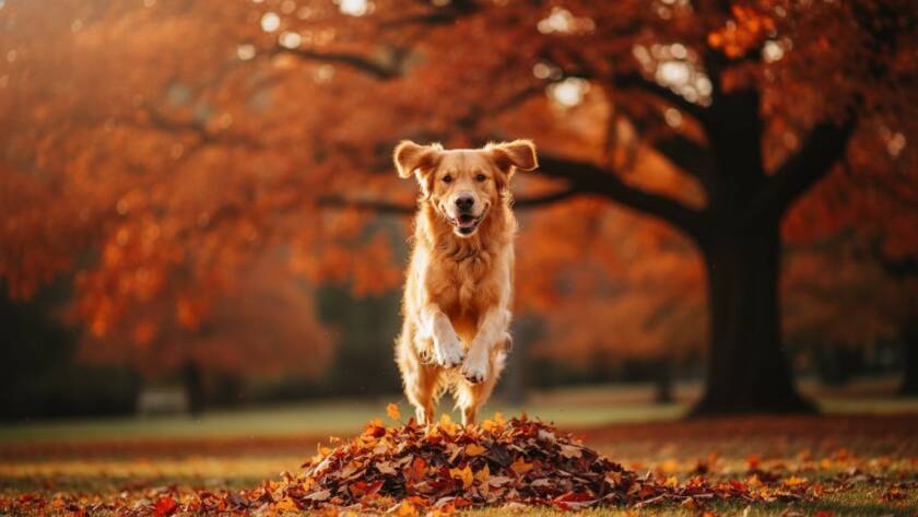 An emotionally resonant, professional photograph of a golden retriever mid-leap, perfectly framed against the vibrant autumn colours of Malvern Gardens, capturing a truly joyous moment through Malvern Victoria pet photography. Dramatic, cinematic lighting highlights the dog's joyful expression and dynamic movement, with a shallow depth of field to isolate the subject. Professional colour grading enhances the warmth and vibrancy of the scene.