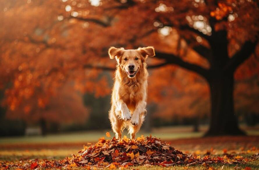 An emotionally resonant, professional photograph of a golden retriever mid-leap, perfectly framed against the vibrant autumn colours of Malvern Gardens, capturing a truly joyous moment through Malvern Victoria pet photography. Dramatic, cinematic lighting highlights the dog's joyful expression and dynamic movement, with a shallow depth of field to isolate the subject. Professional colour grading enhances the warmth and vibrancy of the scene.