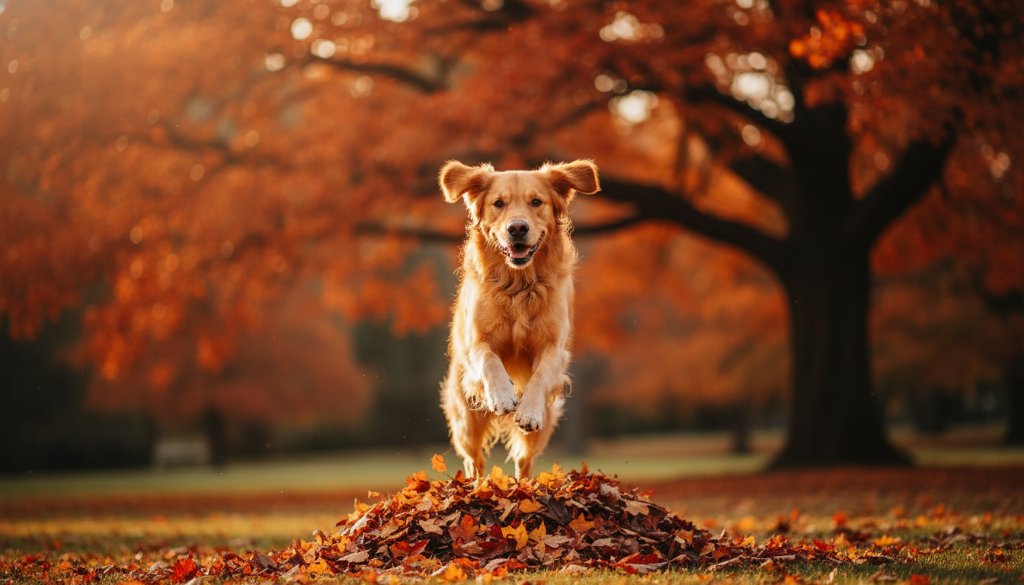 An emotionally resonant, professional photograph of a golden retriever mid-leap, perfectly framed against the vibrant autumn colours of Malvern Gardens, capturing a truly joyous moment through Malvern Victoria pet photography. Dramatic, cinematic lighting highlights the dog's joyful expression and dynamic movement, with a shallow depth of field to isolate the subject. Professional colour grading enhances the warmth and vibrancy of the scene.