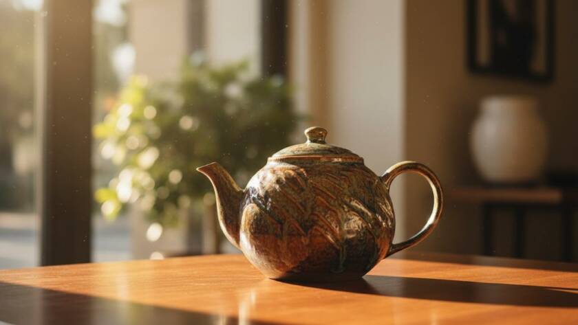 A dramatic close-up of a handcrafted ceramic vase, beautifully lit with soft, golden light, showcasing intricate details and textures, set against a blurred, elegant Malvern cafe backdrop, embodying professional product photography for local artisans.