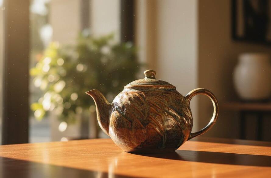 A dramatic close-up of a handcrafted ceramic vase, beautifully lit with soft, golden light, showcasing intricate details and textures, set against a blurred, elegant Malvern cafe backdrop, embodying professional product photography for local artisans.