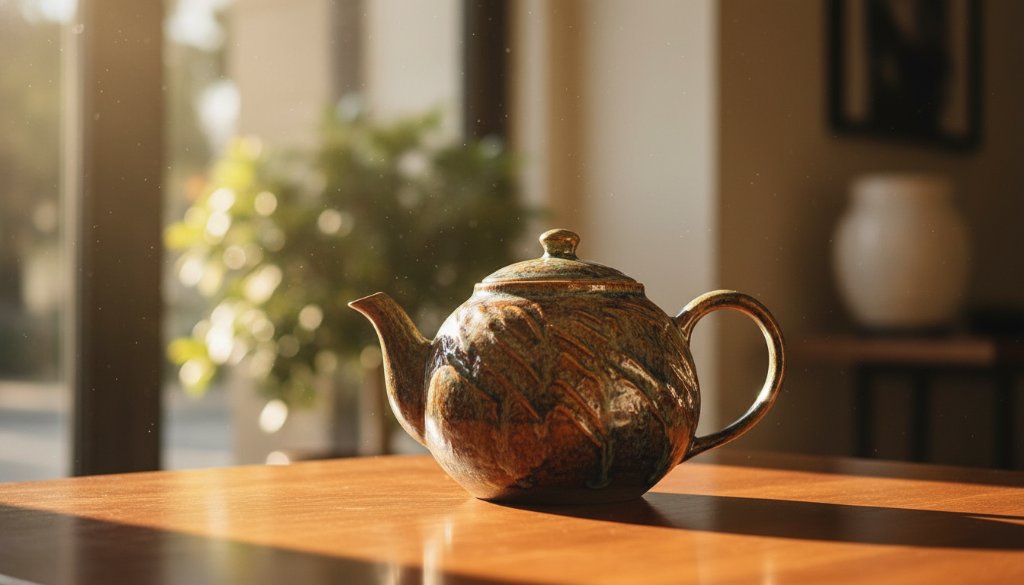 A dramatic close-up of a handcrafted ceramic vase, beautifully lit with soft, golden light, showcasing intricate details and textures, set against a blurred, elegant Malvern cafe backdrop, embodying professional product photography for local artisans.