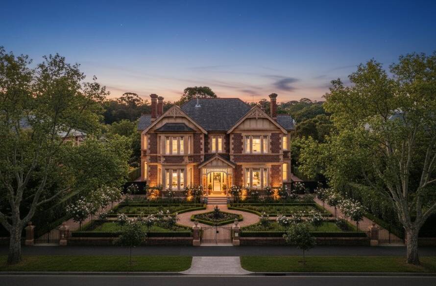 An awe-inspiring aerial shot showcasing a beautifully styled, modern luxury home in Malvern Victoria, illuminated by the golden hour sun, demonstrating how professional real estate photography elevates listings with dramatic visual appeal.