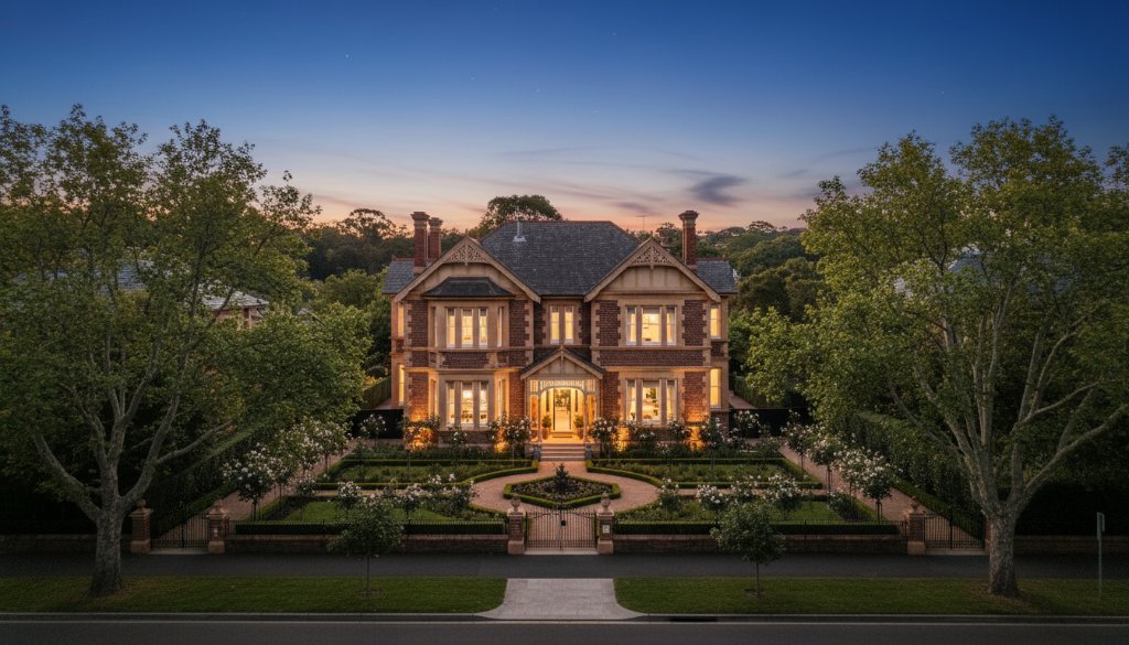 An awe-inspiring aerial shot showcasing a beautifully styled, modern luxury home in Malvern Victoria, illuminated by the golden hour sun, demonstrating how professional real estate photography elevates listings with dramatic visual appeal.