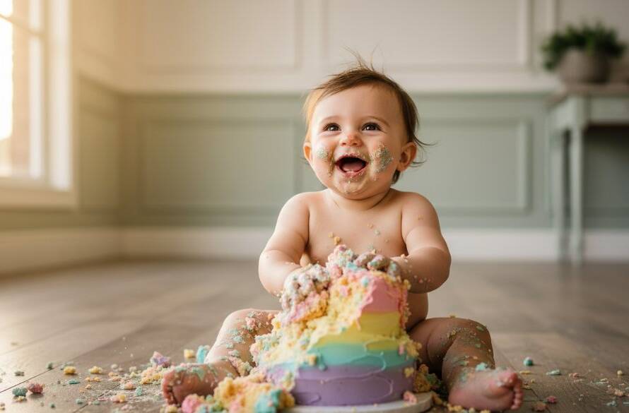 An epic moment captured during a malvern victoria unique cake smash photography session, featuring a joyous baby covered in colourful cake, laughing amidst confetti with dramatic, soft natural light streaming into a stylish Malvern studio.