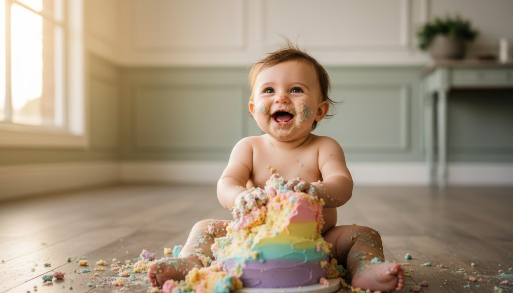 An epic moment captured during a malvern victoria unique cake smash photography session, featuring a joyous baby covered in colourful cake, laughing amidst confetti with dramatic, soft natural light streaming into a stylish Malvern studio.