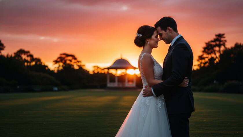 A Malvern Victoria wedding photography natural candid shot of a joyous couple embracing under dramatic golden hour light, with Malvern Gardens' historic rotunda softly blurred in the background, showcasing an epic, emotionally resonant moment.