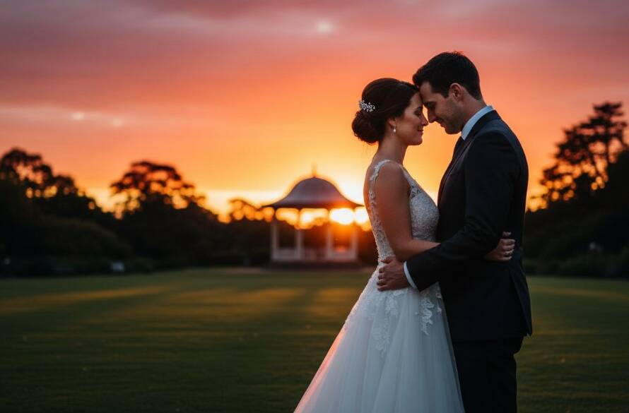 A Malvern Victoria wedding photography natural candid shot of a joyous couple embracing under dramatic golden hour light, with Malvern Gardens' historic rotunda softly blurred in the background, showcasing an epic, emotionally resonant moment.