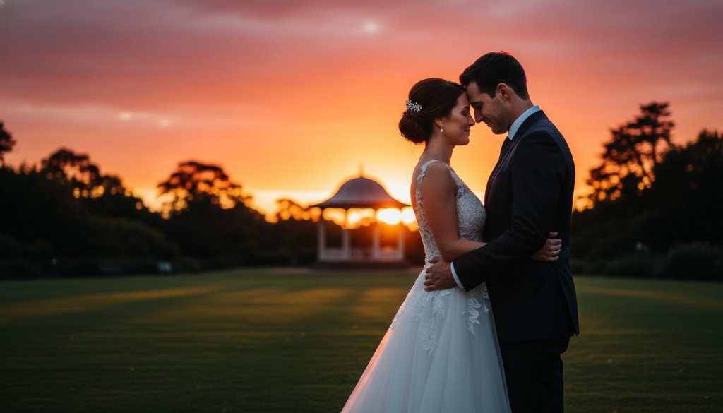 A Malvern Victoria wedding photography natural candid shot of a joyous couple embracing under dramatic golden hour light, with Malvern Gardens' historic rotunda softly blurred in the background, showcasing an epic, emotionally resonant moment.