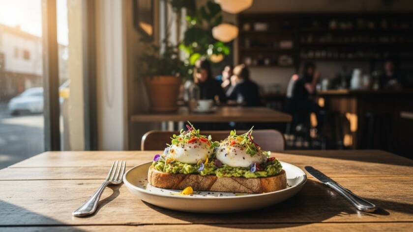 A dramatic close-up capturing a perfectly styled gourmet brunch dish, possibly avocado toast with edible flowers, bathed in soft morning light streaming through a window of a bustling Malvern cafe, highlighting the exquisite detail and freshness, perfect for Malvern's gourmet cafe food photography for local eateries.