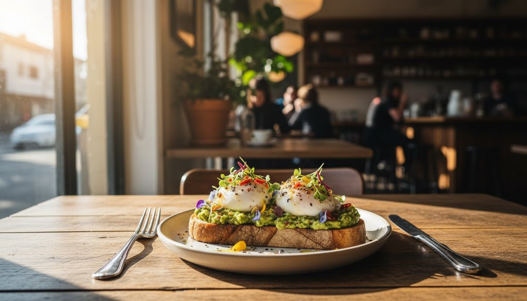 A dramatic close-up capturing a perfectly styled gourmet brunch dish, possibly avocado toast with edible flowers, bathed in soft morning light streaming through a window of a bustling Malvern cafe, highlighting the exquisite detail and freshness, perfect for Malvern's gourmet cafe food photography for local eateries.