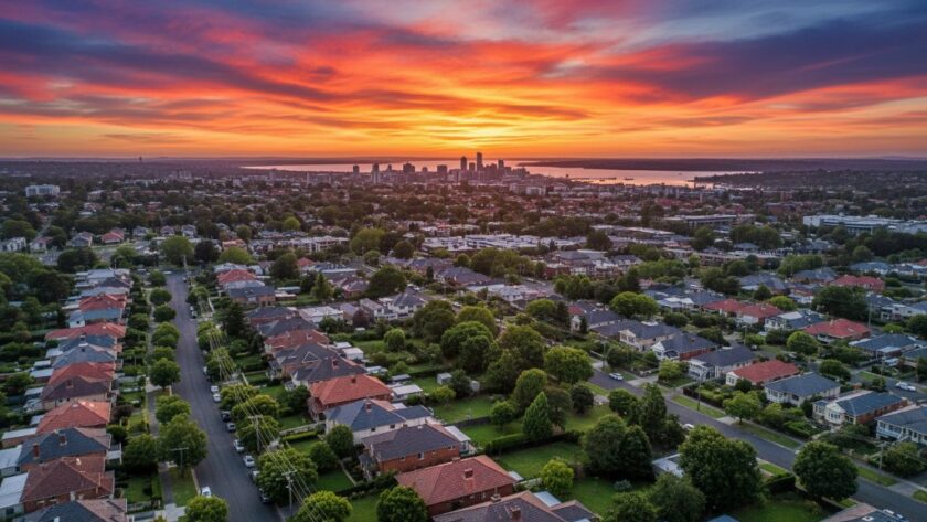 A stunning Manifold Heights Aerial Photography Views showcasing a vibrant sunset over the residential streets and green spaces, with the Geelong skyline in the distance, captured by a drone in an epic moment of golden hour.
