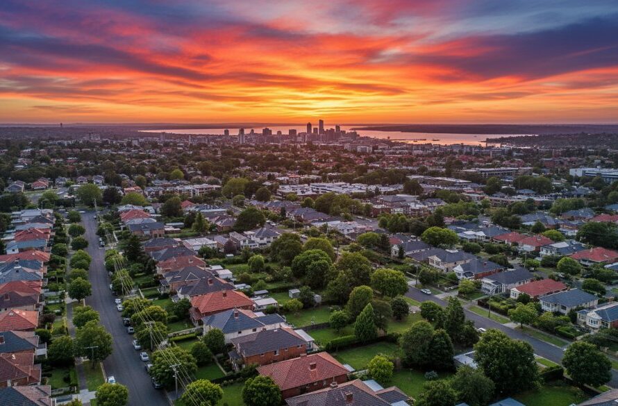 A stunning Manifold Heights Aerial Photography Views showcasing a vibrant sunset over the residential streets and green spaces, with the Geelong skyline in the distance, captured by a drone in an epic moment of golden hour.