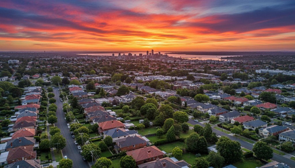 A stunning Manifold Heights Aerial Photography Views showcasing a vibrant sunset over the residential streets and green spaces, with the Geelong skyline in the distance, captured by a drone in an epic moment of golden hour.