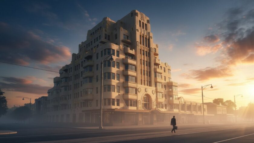 Dramatic wide-angle shot capturing the intricate facade of a stunning Art Deco building in Manifold Heights, bathed in golden hour light, highlighting its unique geometry, perfect for Manifold Heights art deco architecture photography portfolio.