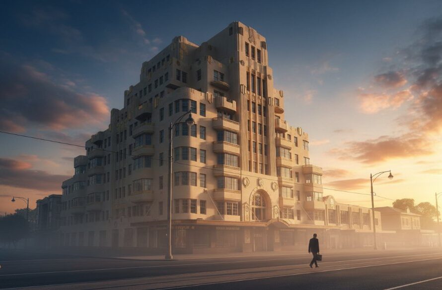 Dramatic wide-angle shot capturing the intricate facade of a stunning Art Deco building in Manifold Heights, bathed in golden hour light, highlighting its unique geometry, perfect for Manifold Heights art deco architecture photography portfolio.