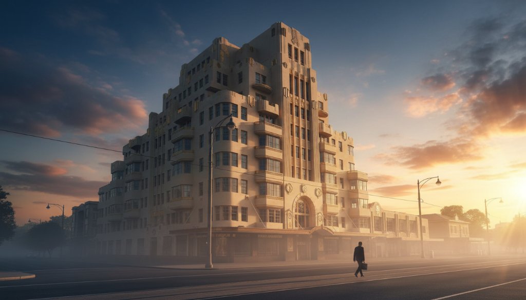 Dramatic wide-angle shot capturing the intricate facade of a stunning Art Deco building in Manifold Heights, bathed in golden hour light, highlighting its unique geometry, perfect for Manifold Heights art deco architecture photography portfolio.