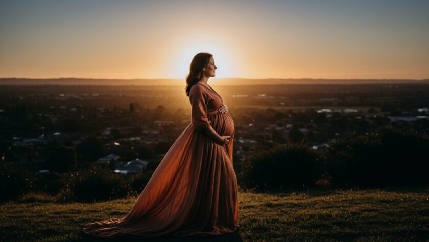 A stunning golden hour portrait of an expectant mother in a flowing gown, silhouetted against a dramatic Manifold Heights landscape, embodying the artistic spirit of Manifold Heights artistic maternity photos Victoria, with warm, cinematic lighting and a serene expression.