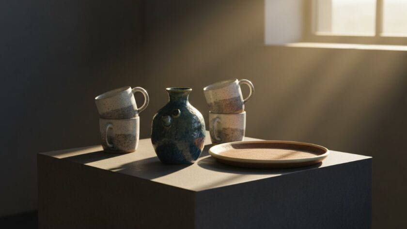 Dramatic, cinematic studio photograph showcasing handcrafted, earthy ceramic bowls and mugs with subtle glazes, artfully arranged on a rustic wooden surface, illuminated by a warm, directional spotlight from above, highlighting their textures and unique forms, embodying Manifold Heights bespoke ceramics product photography excellence.