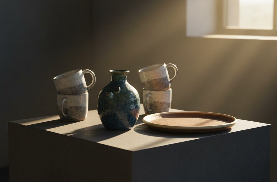 Dramatic, cinematic studio photograph showcasing handcrafted, earthy ceramic bowls and mugs with subtle glazes, artfully arranged on a rustic wooden surface, illuminated by a warm, directional spotlight from above, highlighting their textures and unique forms, embodying Manifold Heights bespoke ceramics product photography excellence.