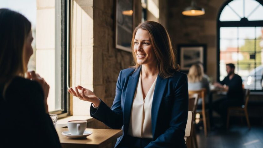An epic moment of a vibrant female entrepreneur passionately discussing her business with a client in a modern, light-filled cafe in Manifold Heights, showcasing the energy of Manifold Heights Business Branding Photography Success.