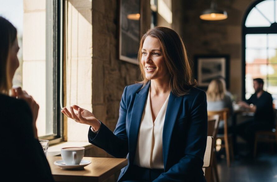 An epic moment of a vibrant female entrepreneur passionately discussing her business with a client in a modern, light-filled cafe in Manifold Heights, showcasing the energy of Manifold Heights Business Branding Photography Success.