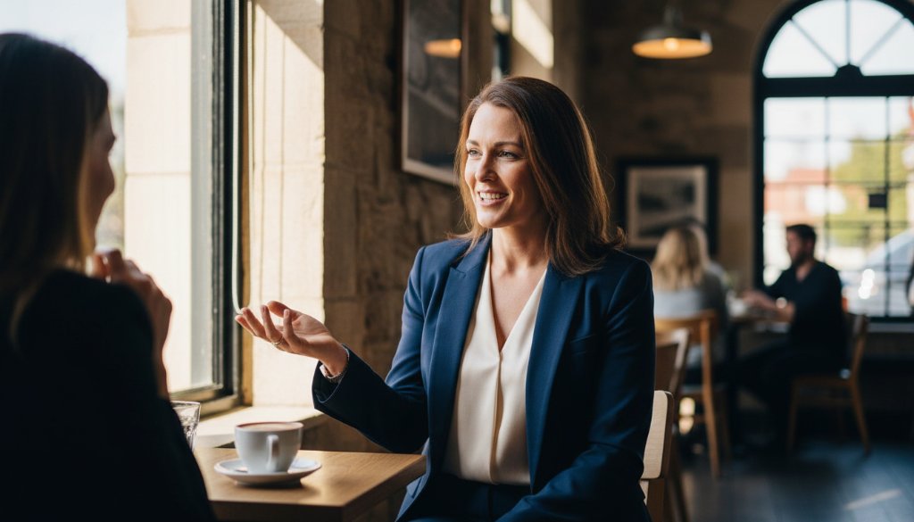 An epic moment of a vibrant female entrepreneur passionately discussing her business with a client in a modern, light-filled cafe in Manifold Heights, showcasing the energy of Manifold Heights Business Branding Photography Success.