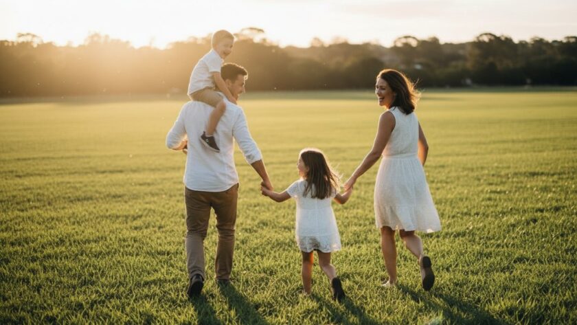 A joyous Manifold Heights candid family photography moment captured: a family laughing wholeheartedly during a golden hour picnic at a local park, sunlight filtering through trees, showcasing genuine connection and happiness in Victoria, Australia.