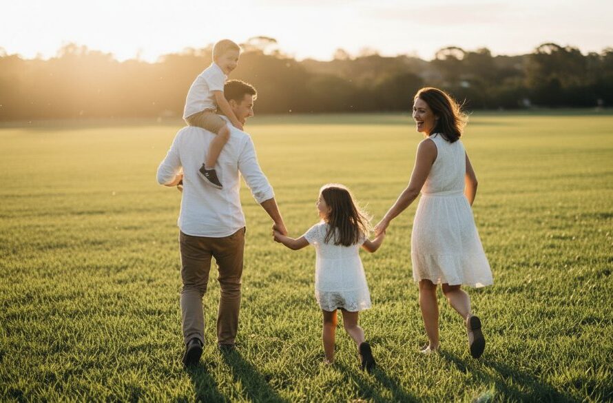 A joyous Manifold Heights candid family photography moment captured: a family laughing wholeheartedly during a golden hour picnic at a local park, sunlight filtering through trees, showcasing genuine connection and happiness in Victoria, Australia.