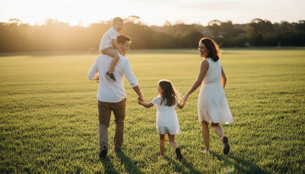 A joyous Manifold Heights candid family photography moment captured: a family laughing wholeheartedly during a golden hour picnic at a local park, sunlight filtering through trees, showcasing genuine connection and happiness in Victoria, Australia.