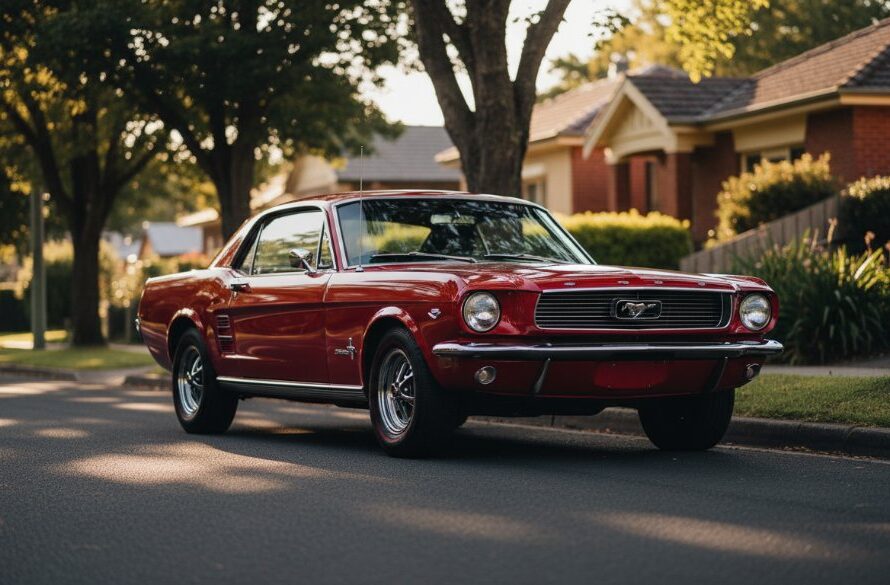 An epic moment captured during a Manifold Heights Classic Car Photography Experience, featuring a gleaming vintage muscle car parked dramatically on a tree-lined street in Manifold Heights at sunset, with golden hour light reflecting off its polished chrome and deep paintwork, creating a cinematic and professional automotive portrait.