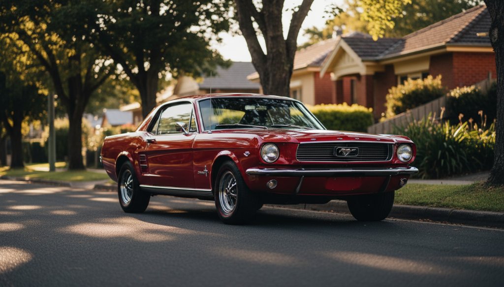An epic moment captured during a Manifold Heights Classic Car Photography Experience, featuring a gleaming vintage muscle car parked dramatically on a tree-lined street in Manifold Heights at sunset, with golden hour light reflecting off its polished chrome and deep paintwork, creating a cinematic and professional automotive portrait.
