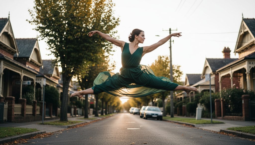 A breathtaking shot of a contemporary dancer in mid-leap, silhouetted against a dramatic sunset over the classic architecture of Manifold Heights, showcasing Manifold Heights dynamic dance photography in an epic moment of grace and power.