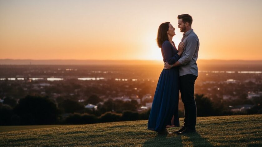 A couple shares a joyful, candid moment during their Manifold Heights engagement photography session, silhouetted against a golden hour sunset over the Geelong cityscape, captured with dramatic lighting and professional colour grading.