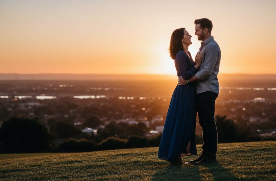 A couple shares a joyful, candid moment during their Manifold Heights engagement photography session, silhouetted against a golden hour sunset over the Geelong cityscape, captured with dramatic lighting and professional colour grading.