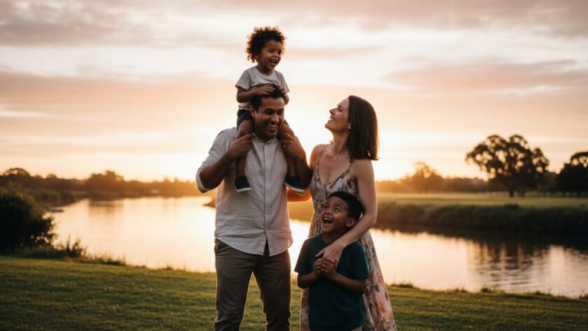 A candid and joyful Manifold Heights family photography capturing genuine joy, showing parents embracing their laughing children during golden hour in a local park, with the iconic Barwon River in the soft background, professionally lit and colour-graded, evoking warmth and connection.