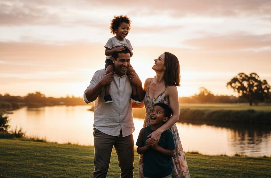 A candid and joyful Manifold Heights family photography capturing genuine joy, showing parents embracing their laughing children during golden hour in a local park, with the iconic Barwon River in the soft background, professionally lit and colour-graded, evoking warmth and connection.