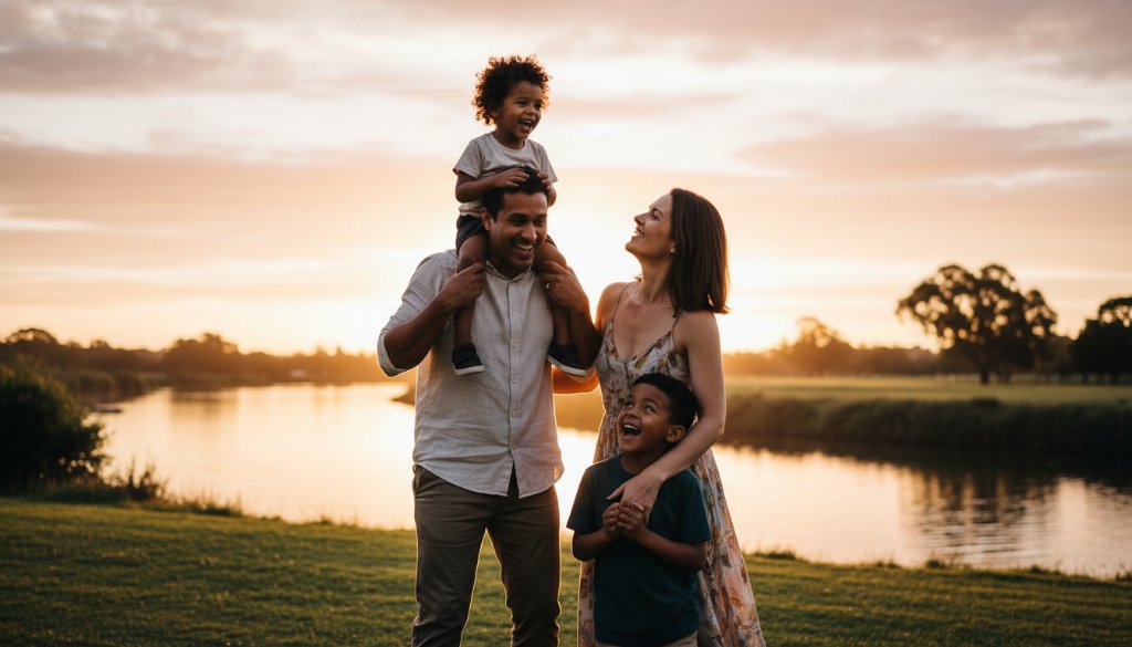 A candid and joyful Manifold Heights family photography capturing genuine joy, showing parents embracing their laughing children during golden hour in a local park, with the iconic Barwon River in the soft background, professionally lit and colour-graded, evoking warmth and connection.