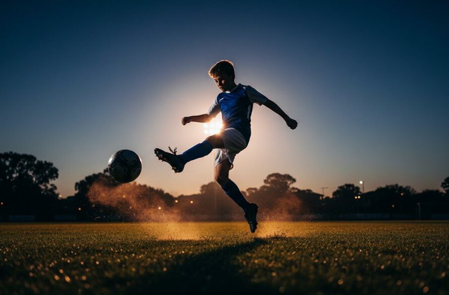 Dynamic wide-angle shot capturing the intensity of a junior soccer player mid-kick during an evening game in Manifold Heights, bathed in dramatic stadium light, showcasing Manifold Heights junior sports photography action shots skill.