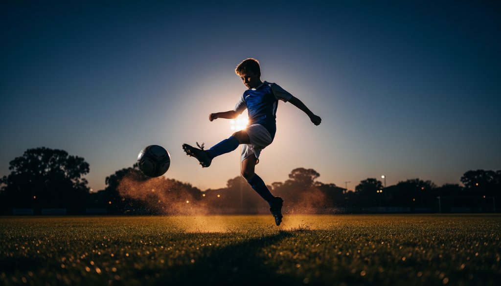 Dynamic wide-angle shot capturing the intensity of a junior soccer player mid-kick during an evening game in Manifold Heights, bathed in dramatic stadium light, showcasing Manifold Heights junior sports photography action shots skill.