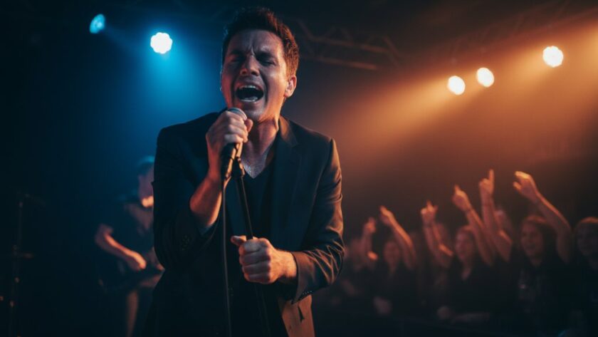 Dynamic stage shot showcasing a lead guitarist mid-shred at a Manifold Heights venue, with dramatic lighting and a cheering crowd in the background, perfectly embodying Manifold Heights Live Gig Photography Captures.